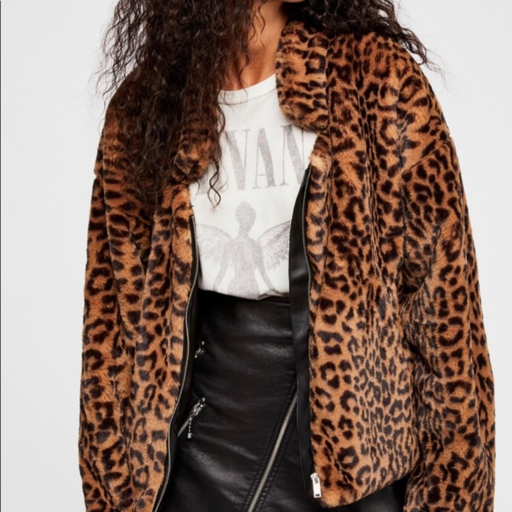 Free People Leopard Print Bomber Jacket
